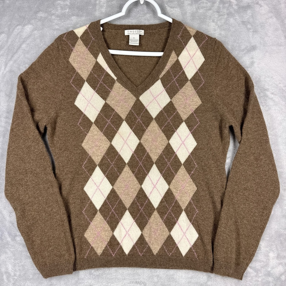 Vtg Tweeds Cashmere Argyle V-Neck Sweater Womens XL Brown Pink Old MoneyY2K